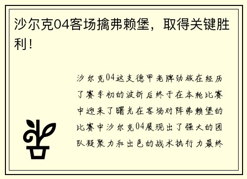 沙尔克04客场擒弗赖堡，取得关键胜利！